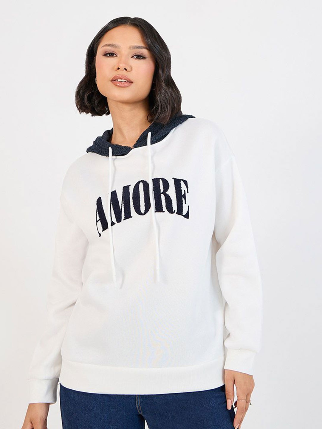 

Styli Typography Printed Oversized Hooded Sweatshirt, Off white