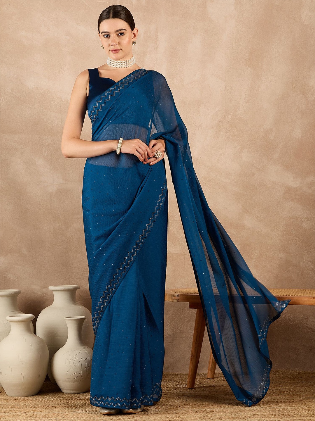 

all about you Embellished Beads and Stones Pure Chiffon Saree, Blue