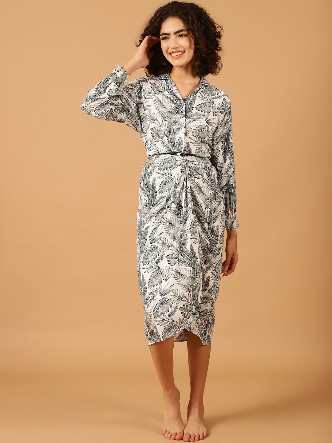 

Blissence Tropical Printed Shirt Collar Long Sleeves Swimwear Cover Up set, Grey
