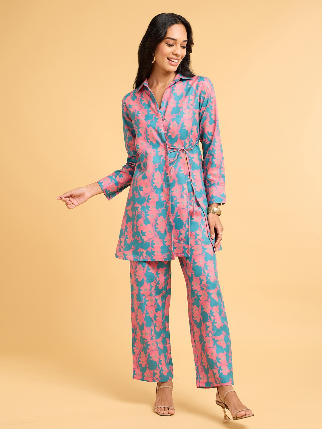 

Saaki Printed Long Sleeves Tunic With Trouser, Pink