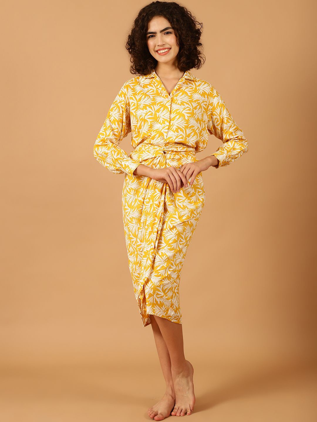 

Blissence Floral Printed Shirt Collar Long Sleeves Shirt With Skirt, Yellow