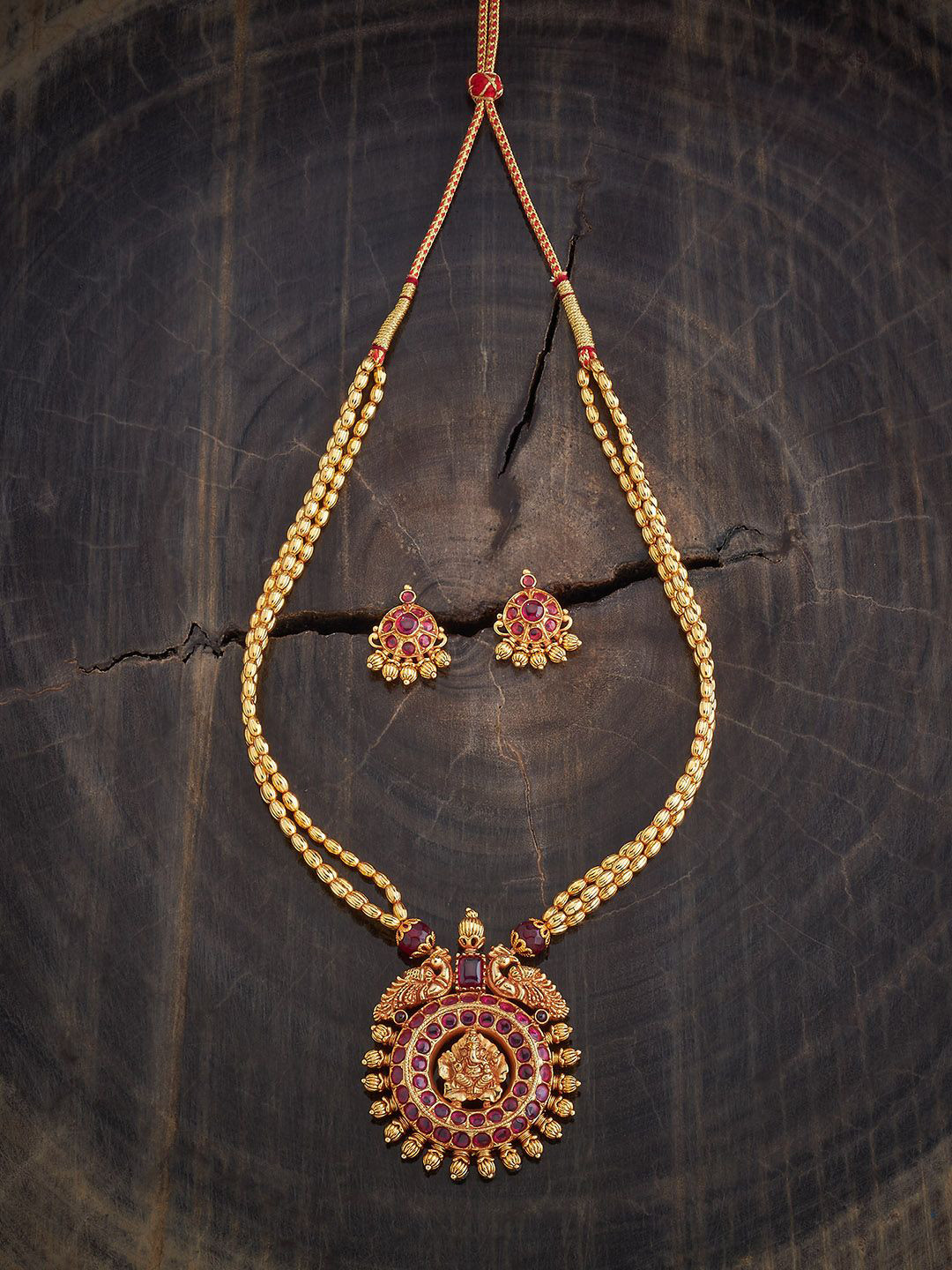

Kushal's Fashion Jewellery Gold-Plated Ruby-Studded Antique Jewellery Set