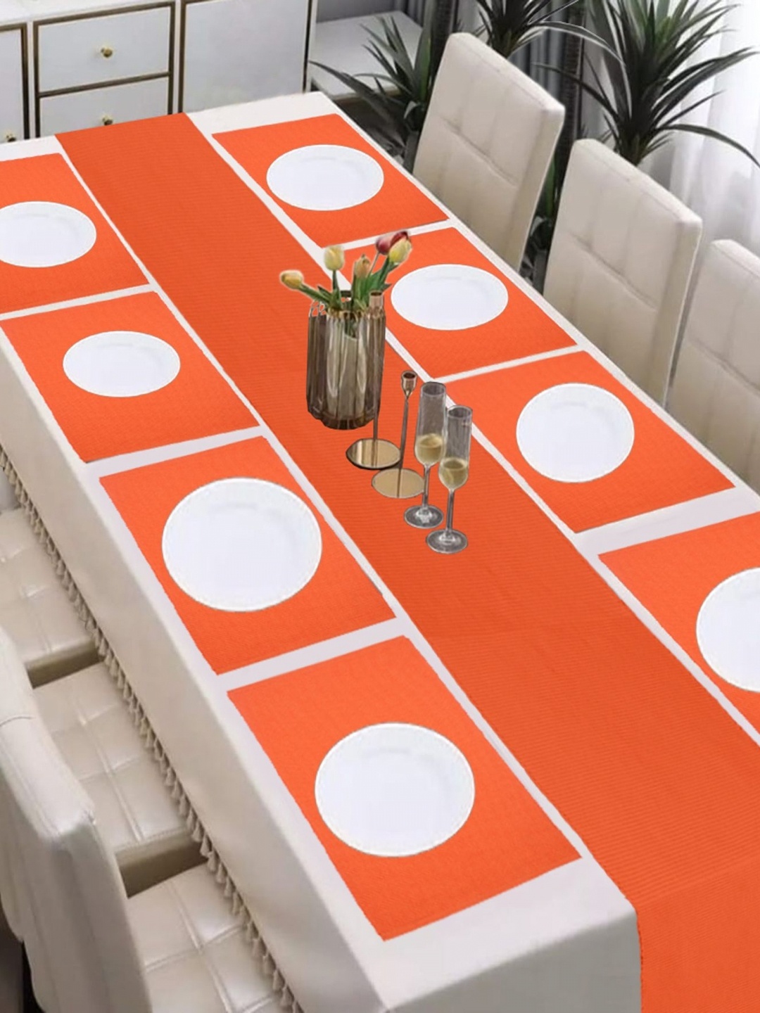 

Lushomes Orange-Coloured Set Of 9 Pieces Table Mats & Runner
