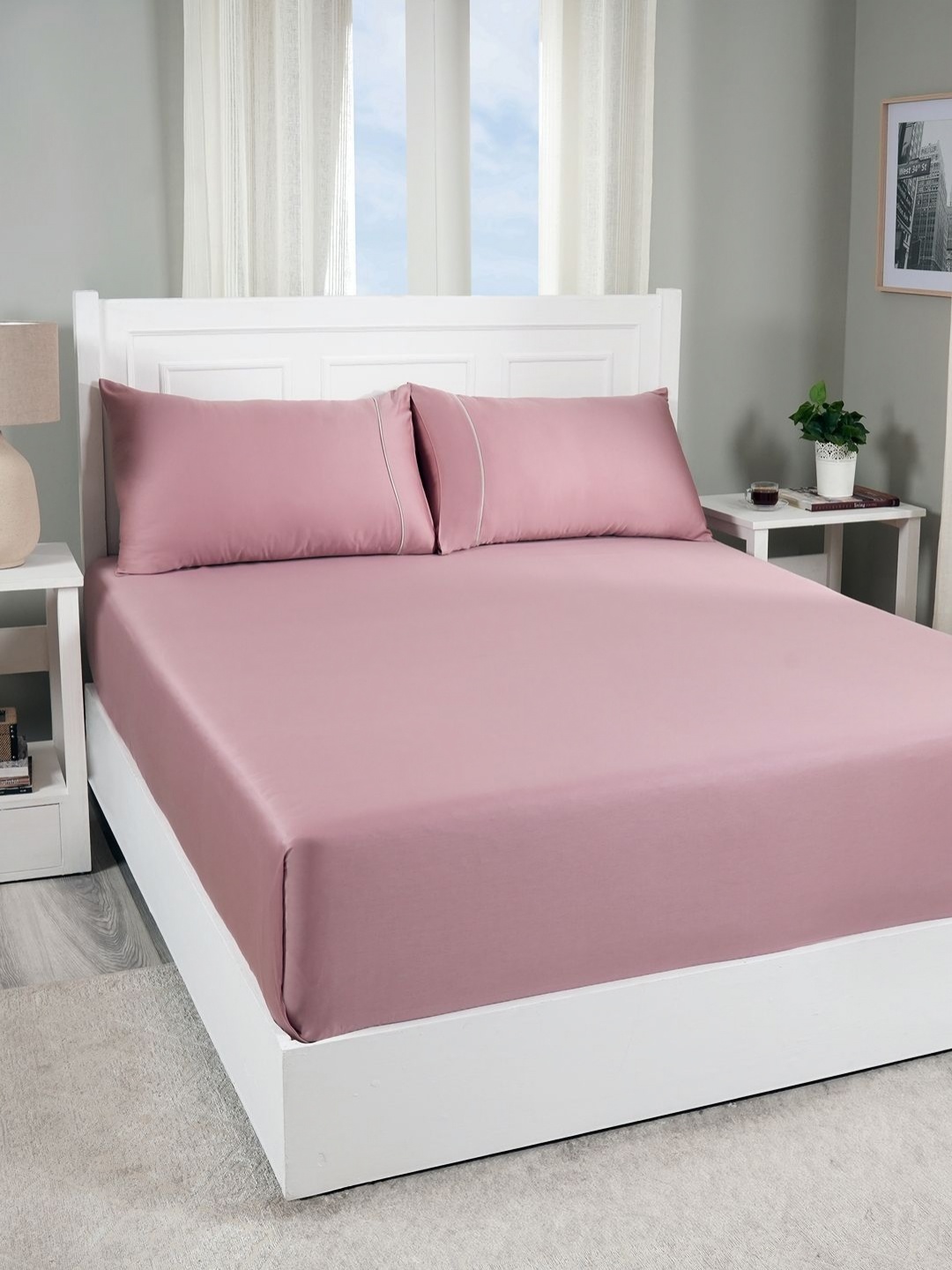 

MASPAR Rose Colored 300 TC Cotton King Bedsheet Set 2.75 m x 2.75 m