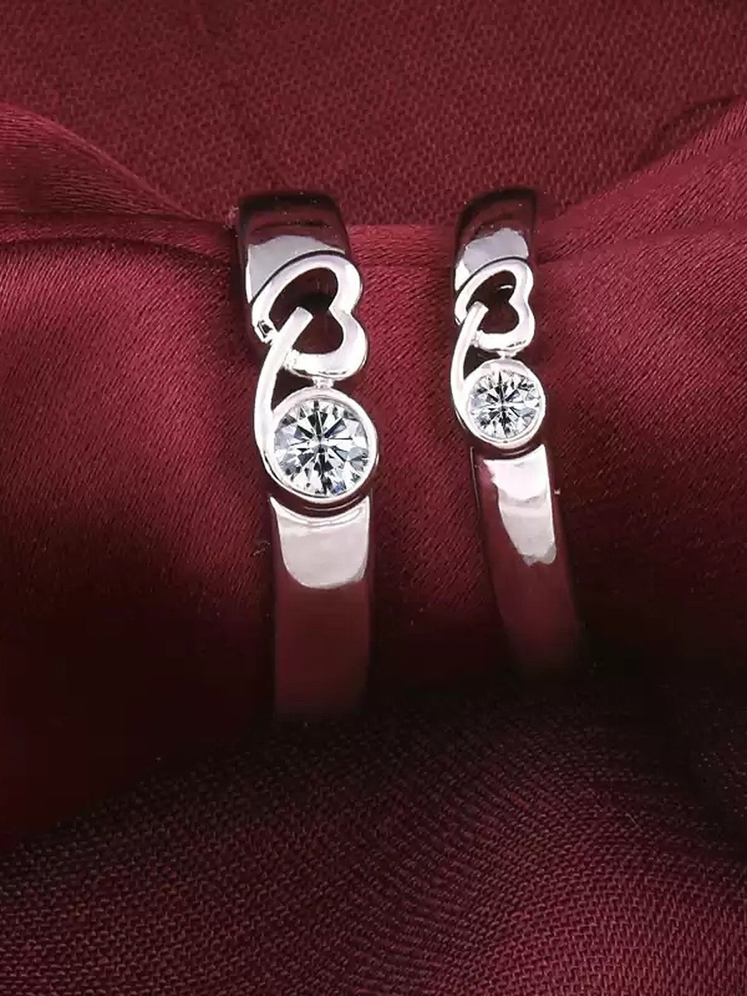 

Lila Unisex Set Of 2 Silver-Plated Stainless Steel CZ-Stone Studded Finger Rings