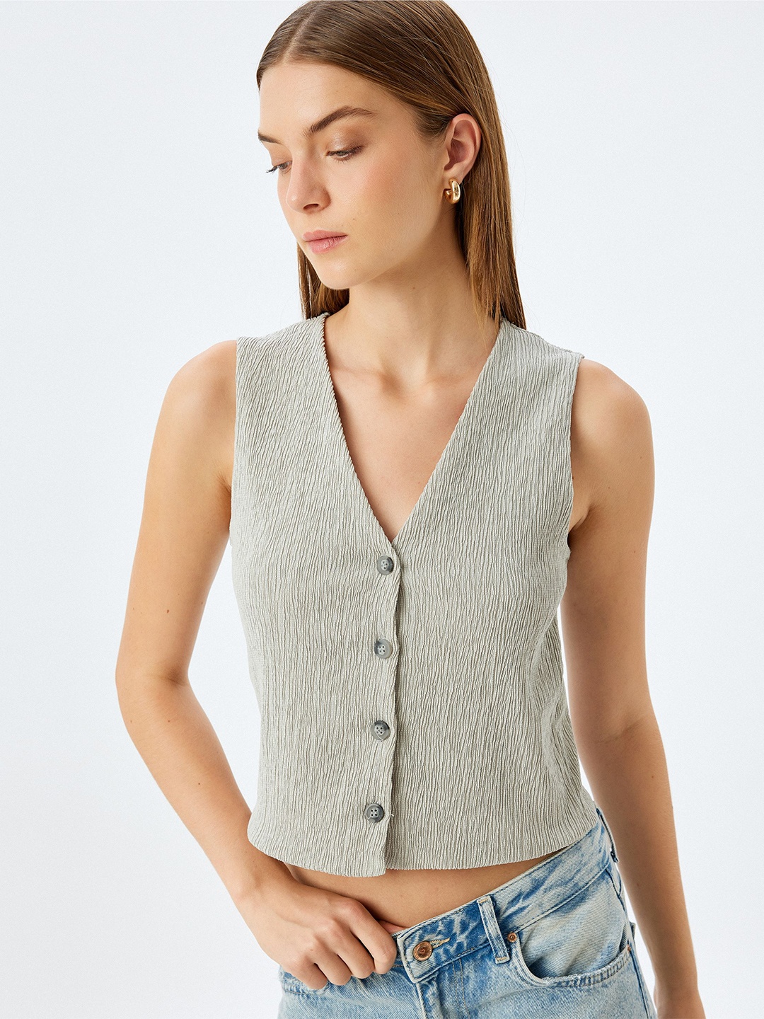 

Koton Women V-Neck Woven Waistcoat, Grey