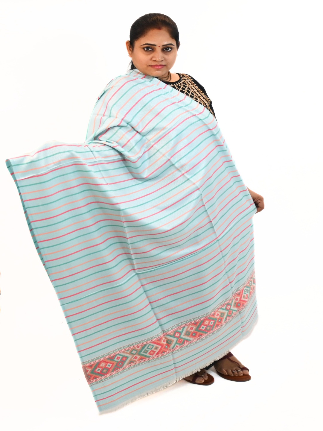 

Vrinde Women Striped Printed Shawl, Blue