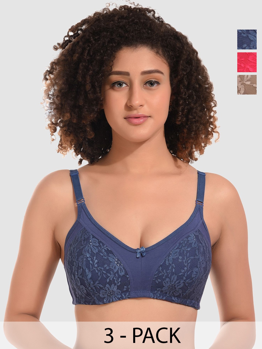 

Boleem Women Pack Of 3 Self Design Full Coverage Non Padded Bra, Blue