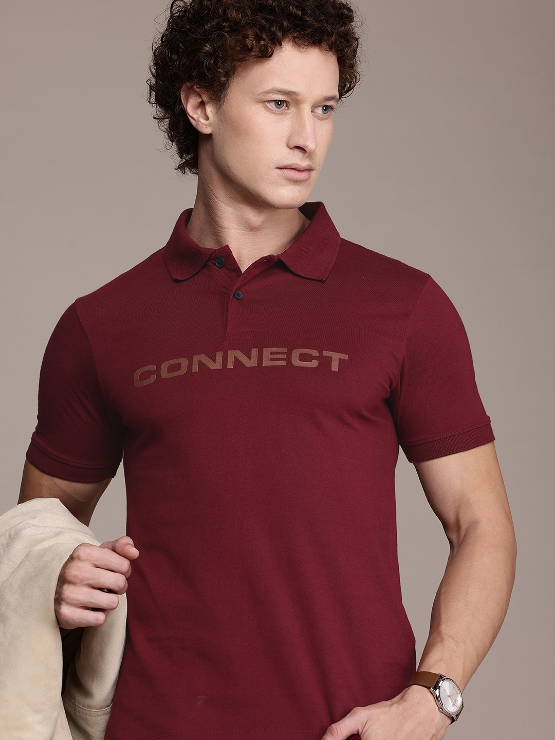 

French Connection Brand Logo Printed Polo Collar Pure Cotton T-shirt, Maroon