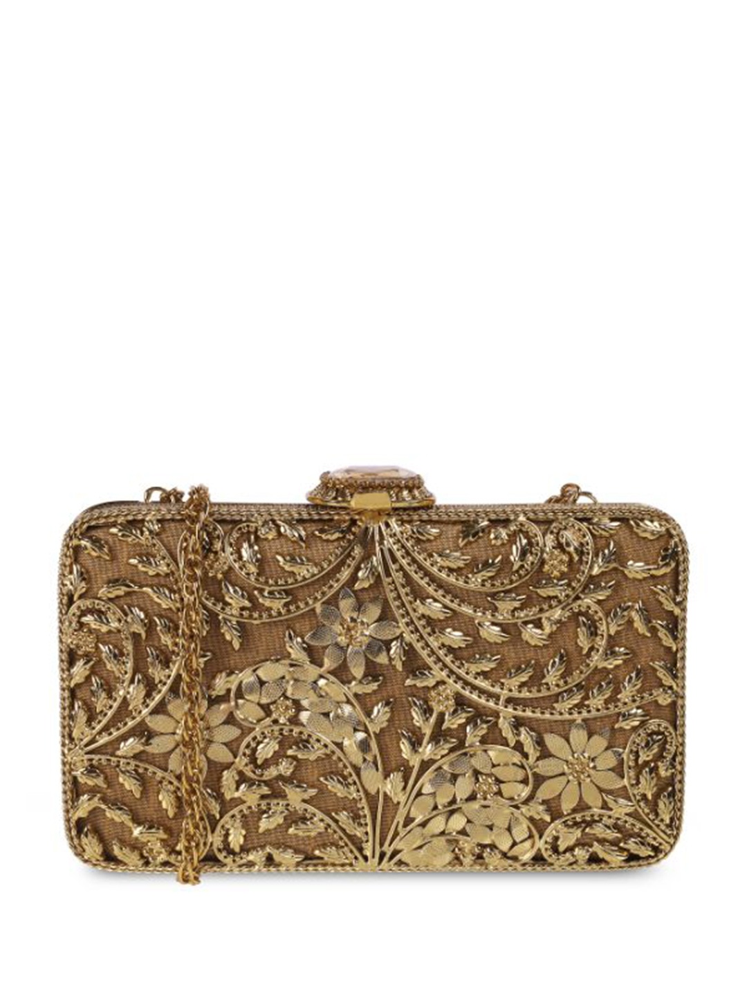 

Cheemo Textured Embellished Box Clutch, Gold