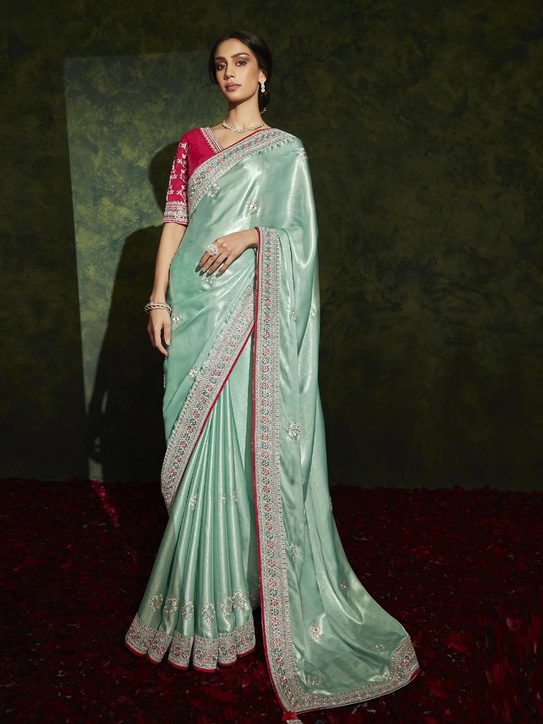 

MAHALASA Embellished Embroidered With Diamond Work Saree, Green