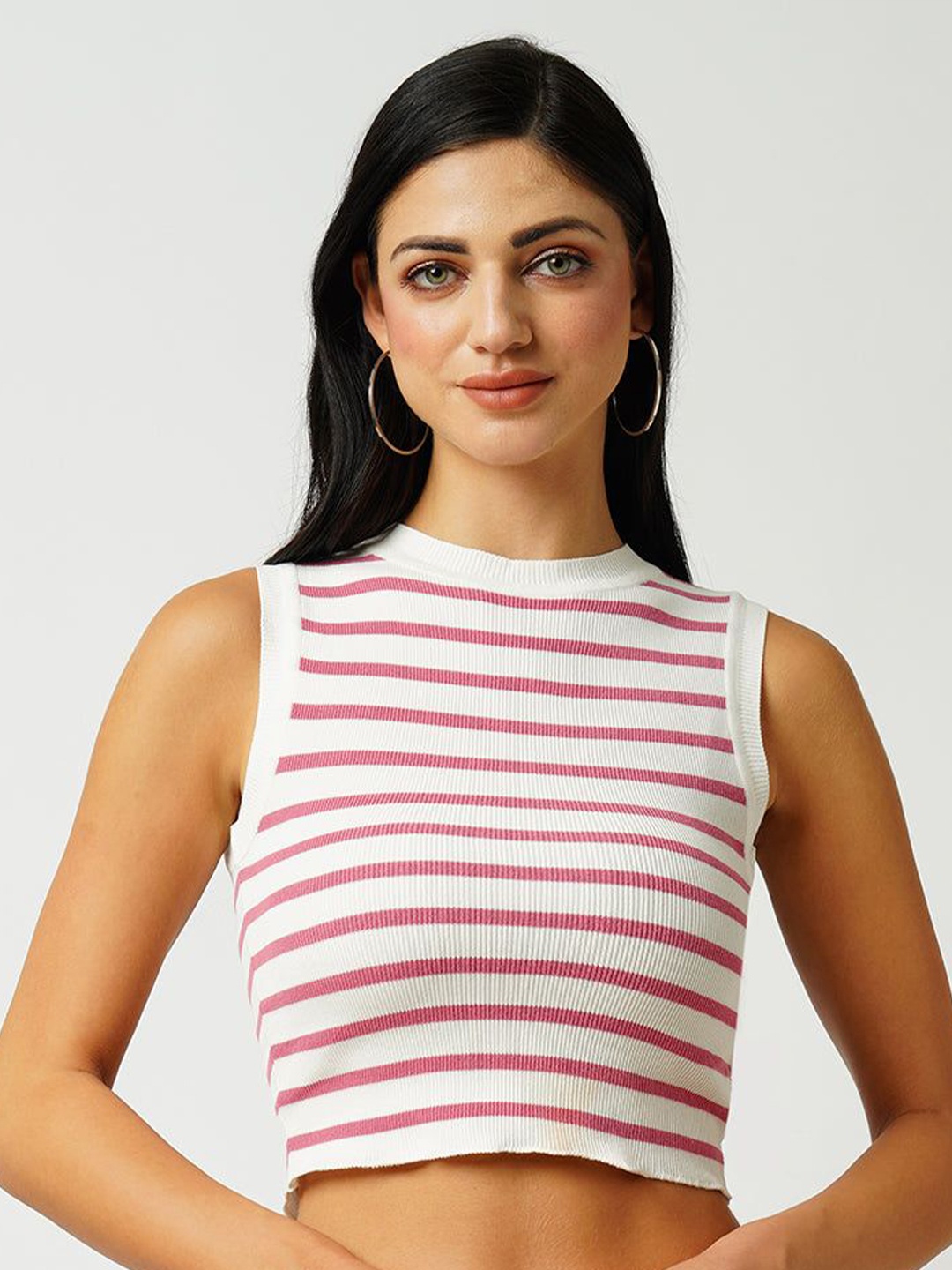 

Kraus Jeans Women Striped Round Neck Sleeveless Crop Top, White