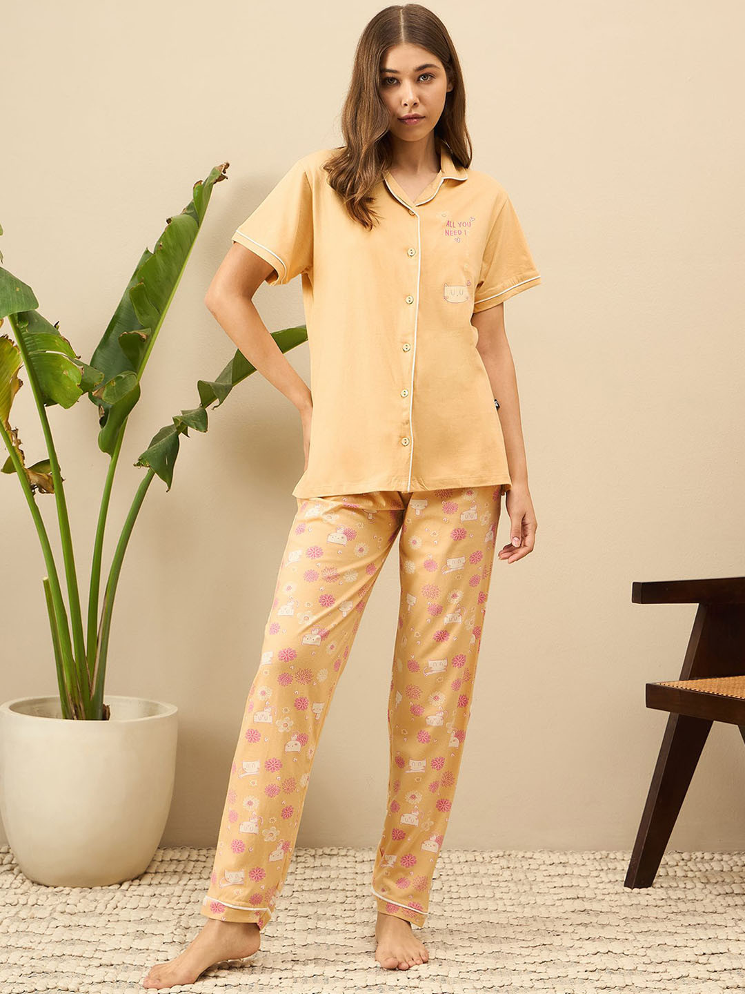 

July Women Floral Printed Night suit, Yellow