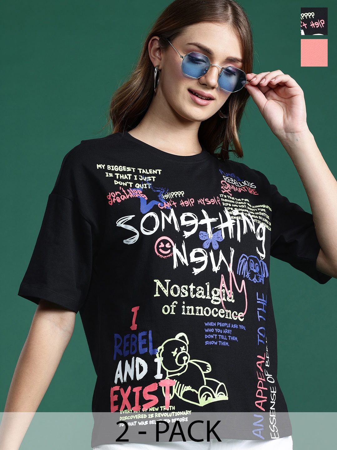 

DressBerry Pack of 2 Printed & Solid Tshirts, Black