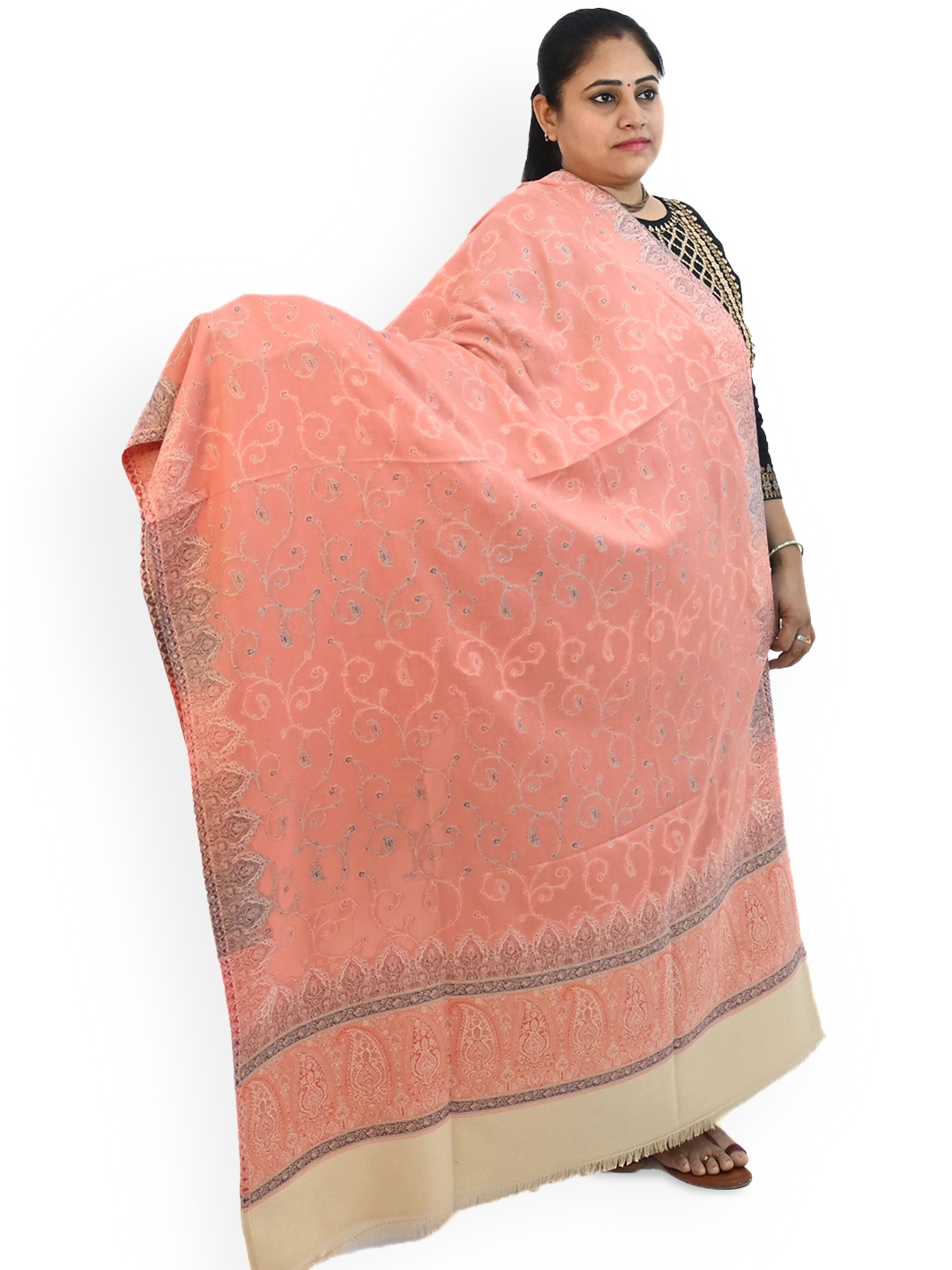 

Vrinde Women Ethnic Motifs Embroidered Pashmina Shawl, Peach