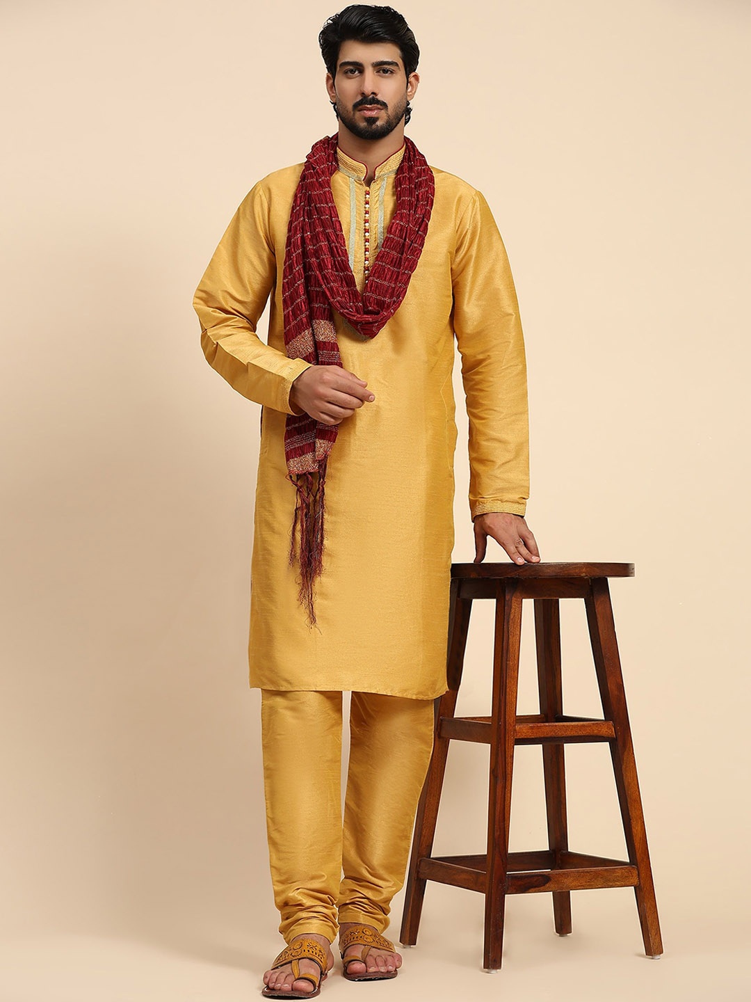 

SKAVIJ Men Ethnic Motifs Embroidered Regular Thread Work Dupion Silk Kurta with Churidar & With Dupatta, Gold