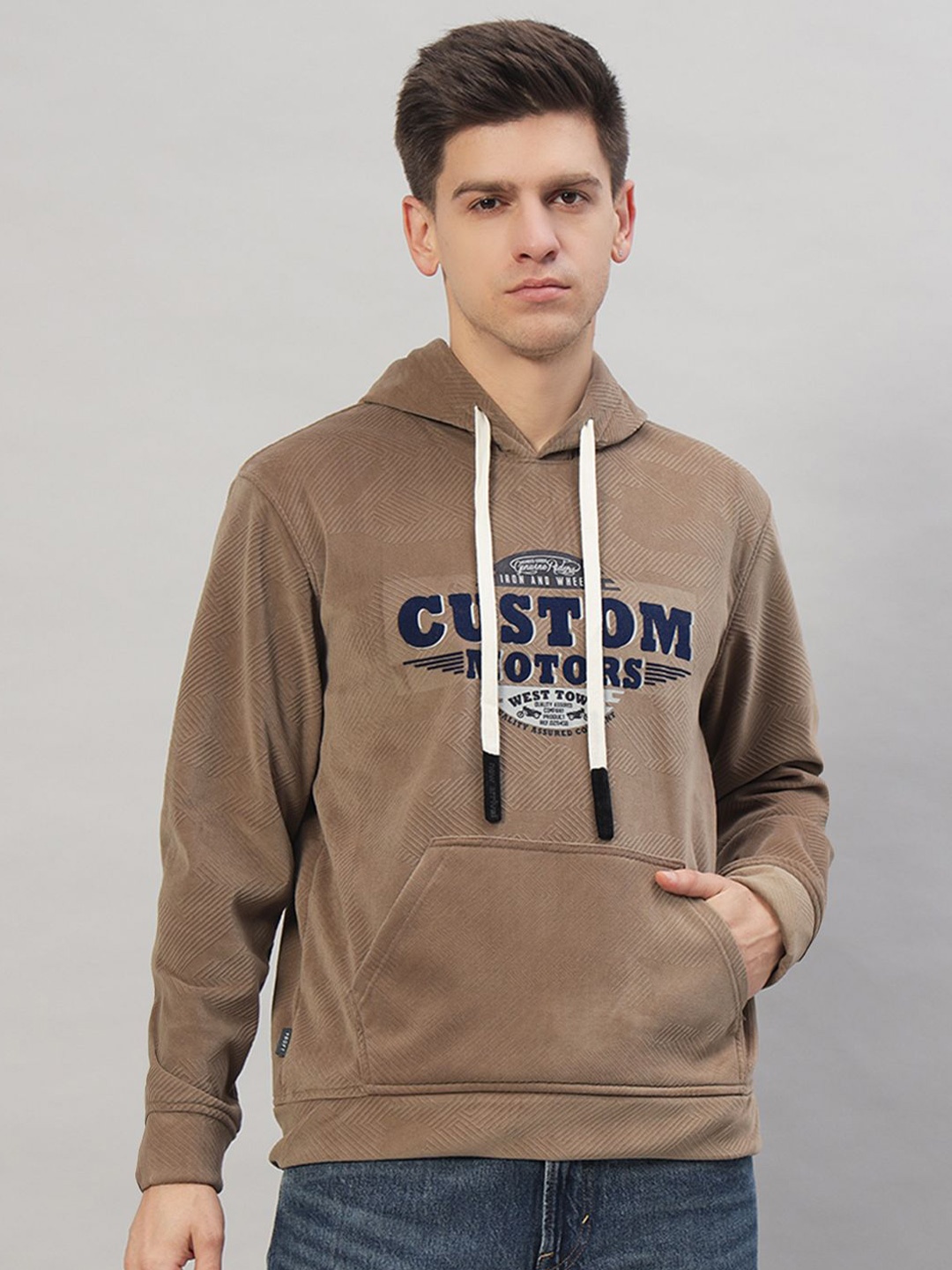 

PROFY Men Printed Hooded Neck Pullover Sweatshirt, Camel brown