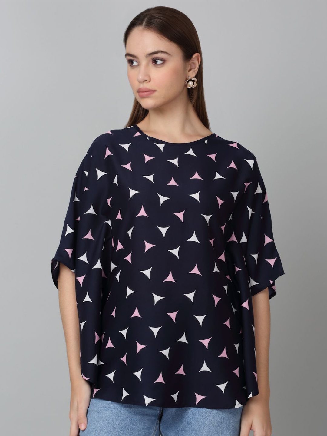 

Dressitude Women Geometric Printed Kimono Sleeve Kaftan Top, Navy blue