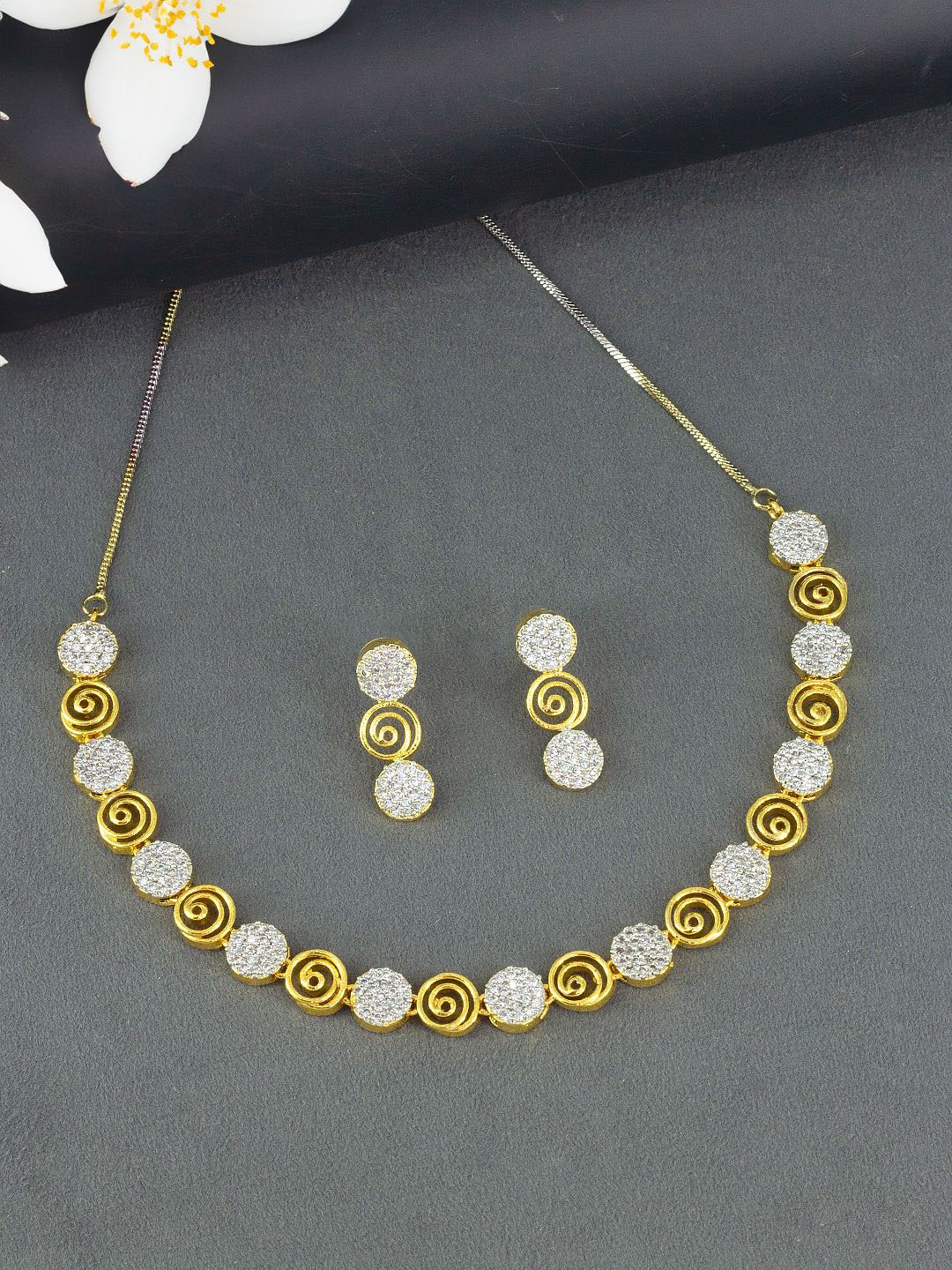 

PRIVIU Gold Plated American Diamond-Studded Necklace and Earrings