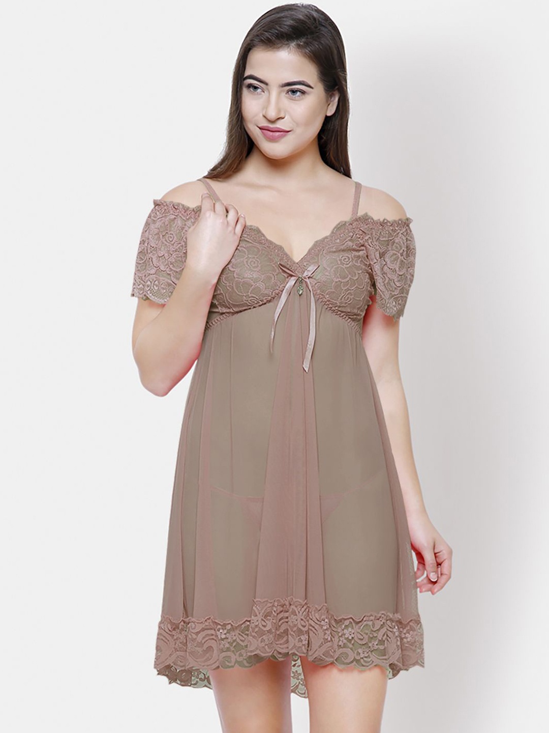 

NOIRA Net Shoulder Straps Baby Doll, Brown