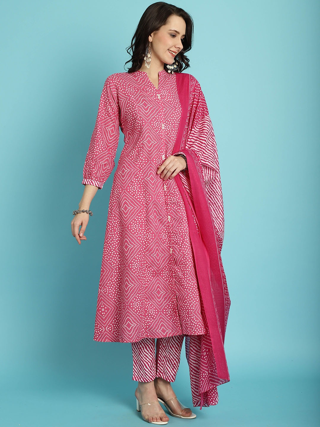 

Roly Poly Women Floral Printed Regular Pure Cotton Kurti with Trousers & With Dupatta, Pink