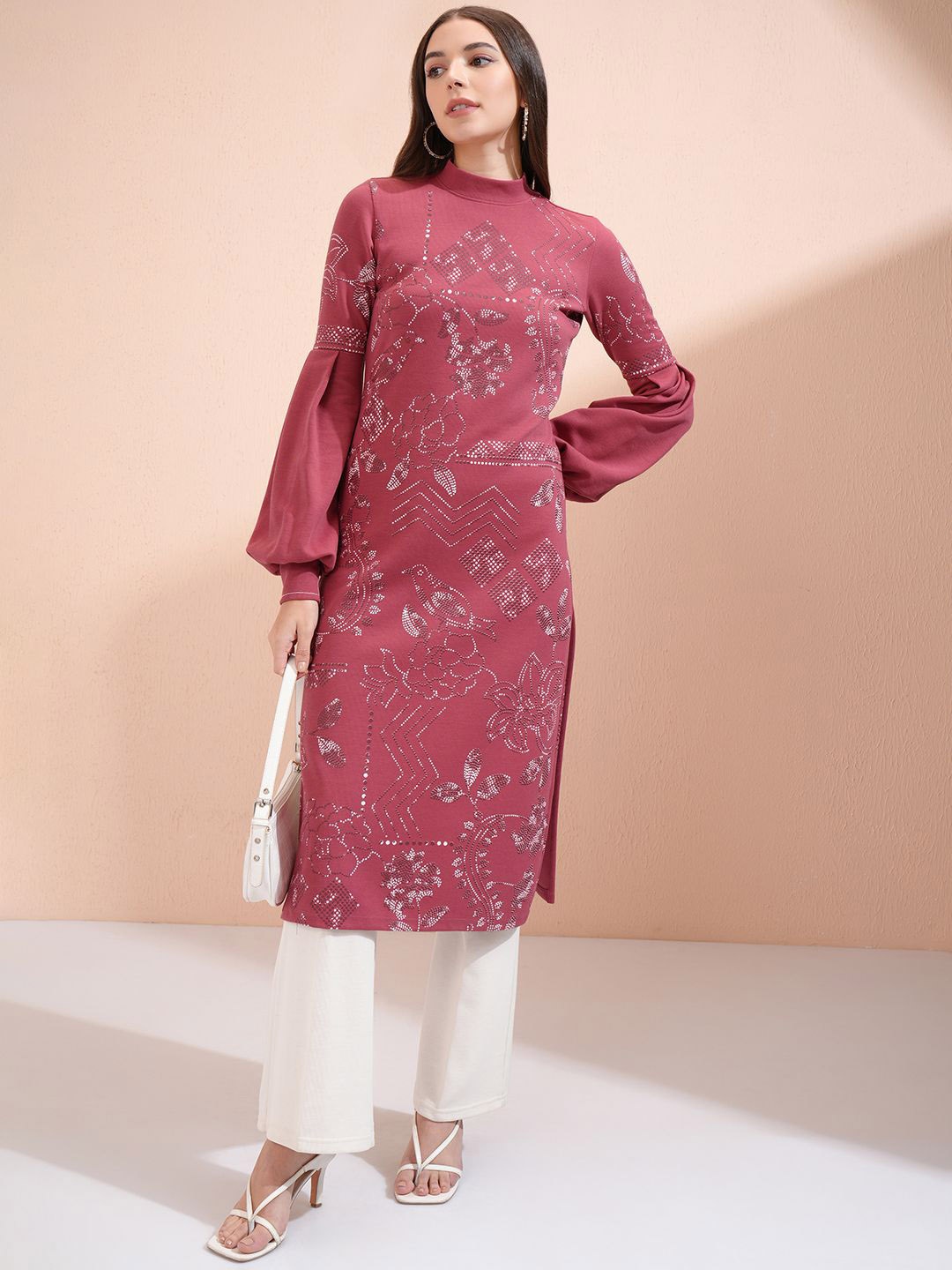 

Vishudh Women Floral Printed Chikankari Kurta, Rust