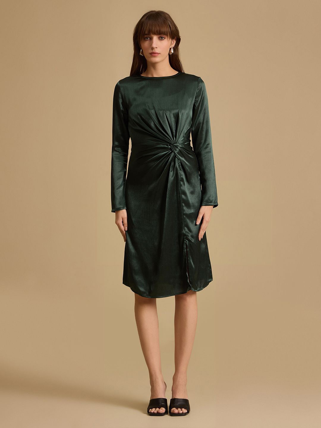 

Kazo Round Neck Long Sleeves A-Line Dress With Slit, Green