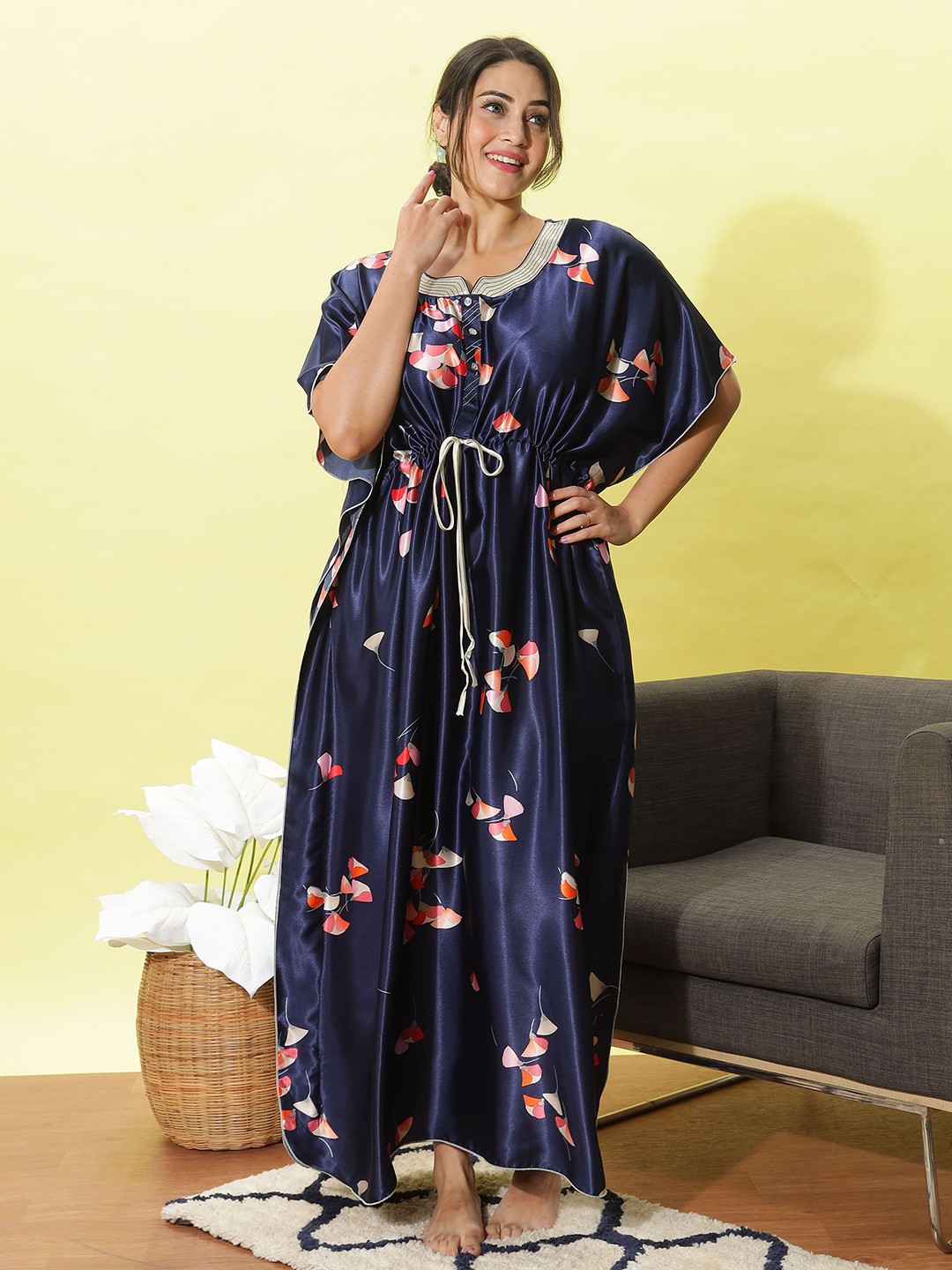 

9shines Label Women Printed Maxi Nightdress, Navy blue
