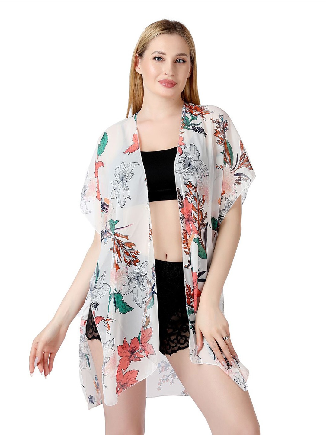 

CrossKulture Floral Printed Open Front Shrug, White