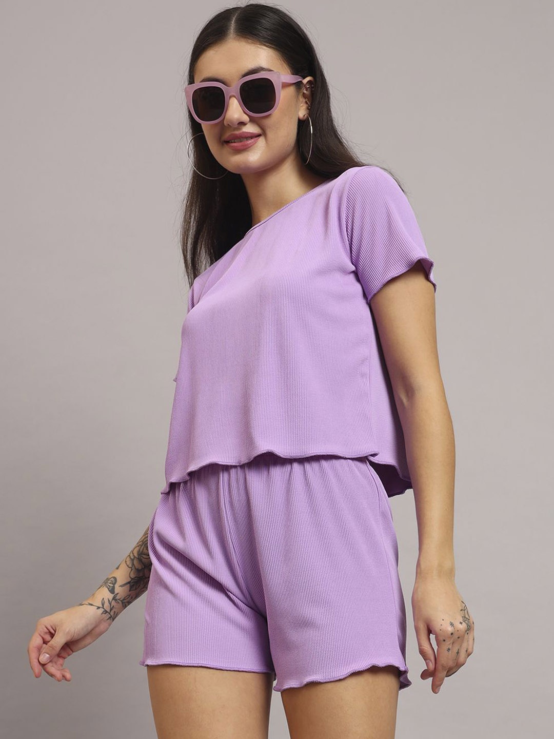 

OWO THE LABEL Round Neck Short Sleeves T-Shirt With Shorts, Lavender