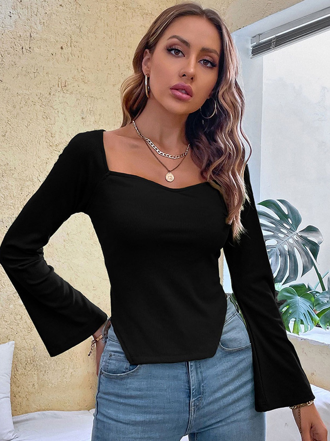 

StyleCast Women Square Neck Bell Sleeve Top, Black