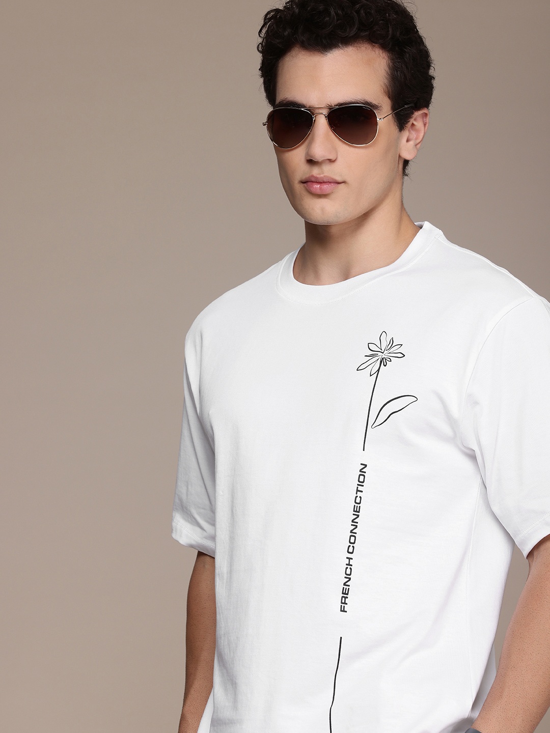 

French Connection Brand Logo Printed Drop-Shoulder Sleeves Pure Cotton Casual T-shirt, White