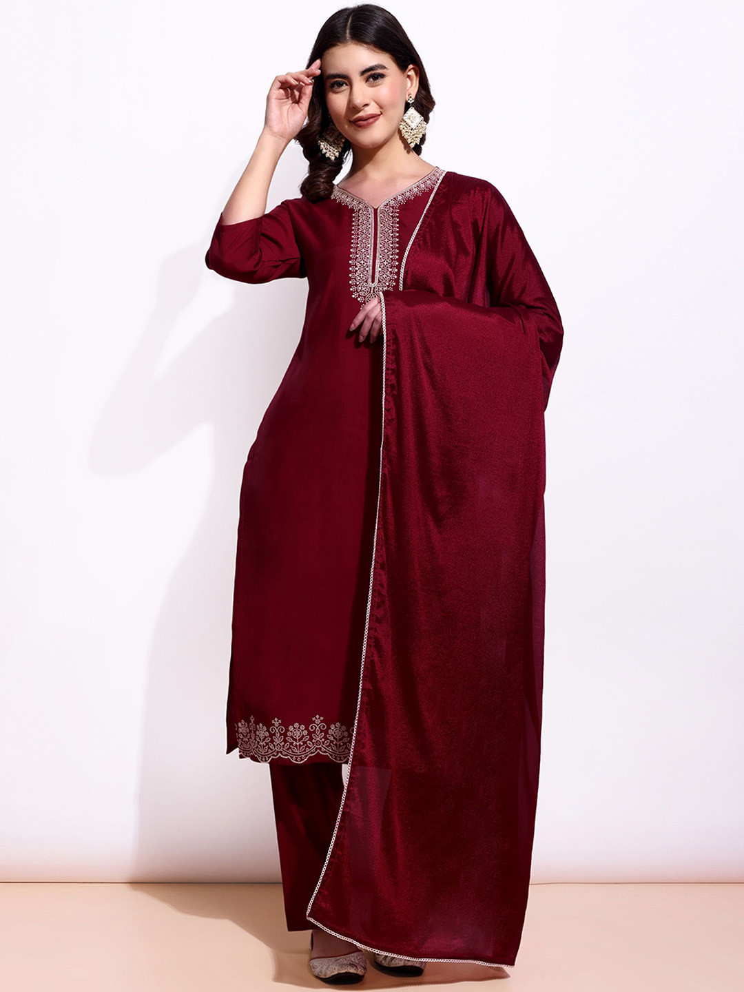

GLORYANCE Women Embroidered Regular Sequinned Pure Silk Kurta with Trousers & With Dupatta, Maroon
