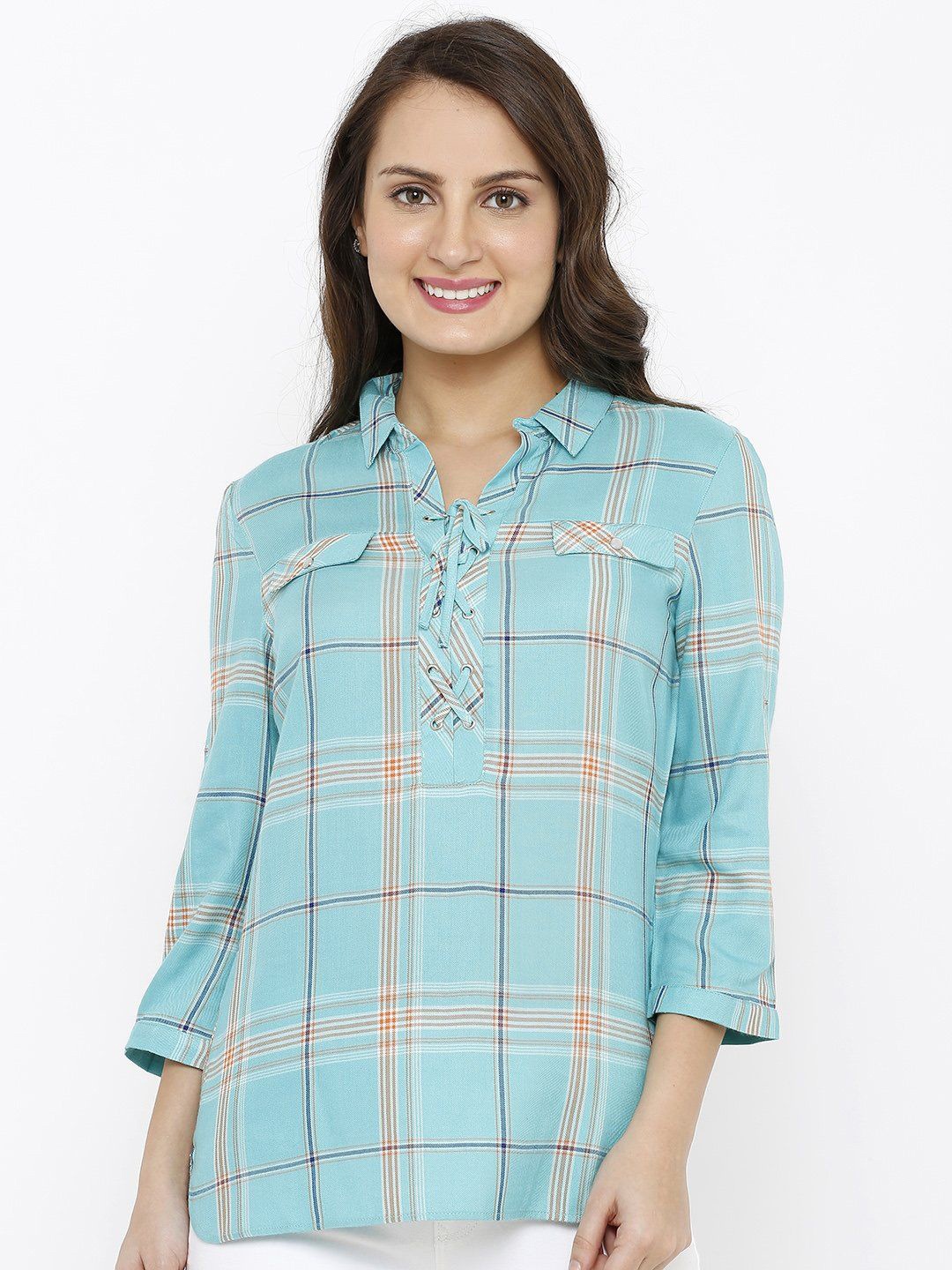 

Kraus Jeans Women Checked Shirt Style Lace-Up Top, Green
