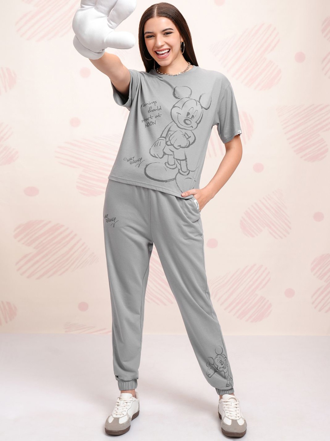 

Tokyo Talkies Grey Disney Mickey Mouse Printed Pure Cotton T Shirt With Jogger