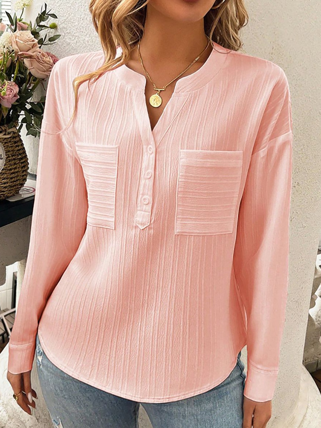 

StyleCast x Revolte Women Mandarin Collar Shirt Style Regular Top, Pink