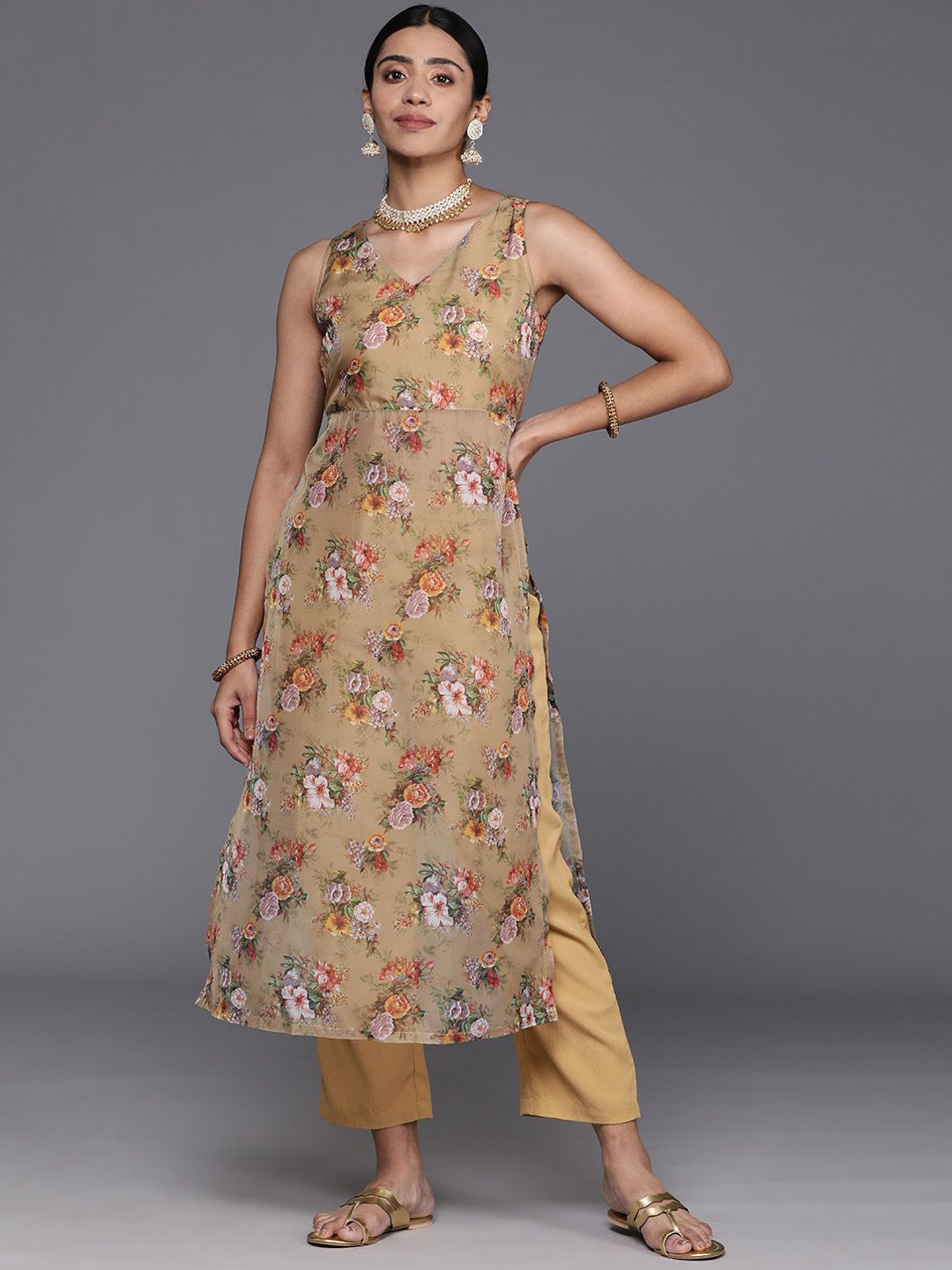 

KALINI Women Floral Printed Empire Kurta with Trousers, Beige