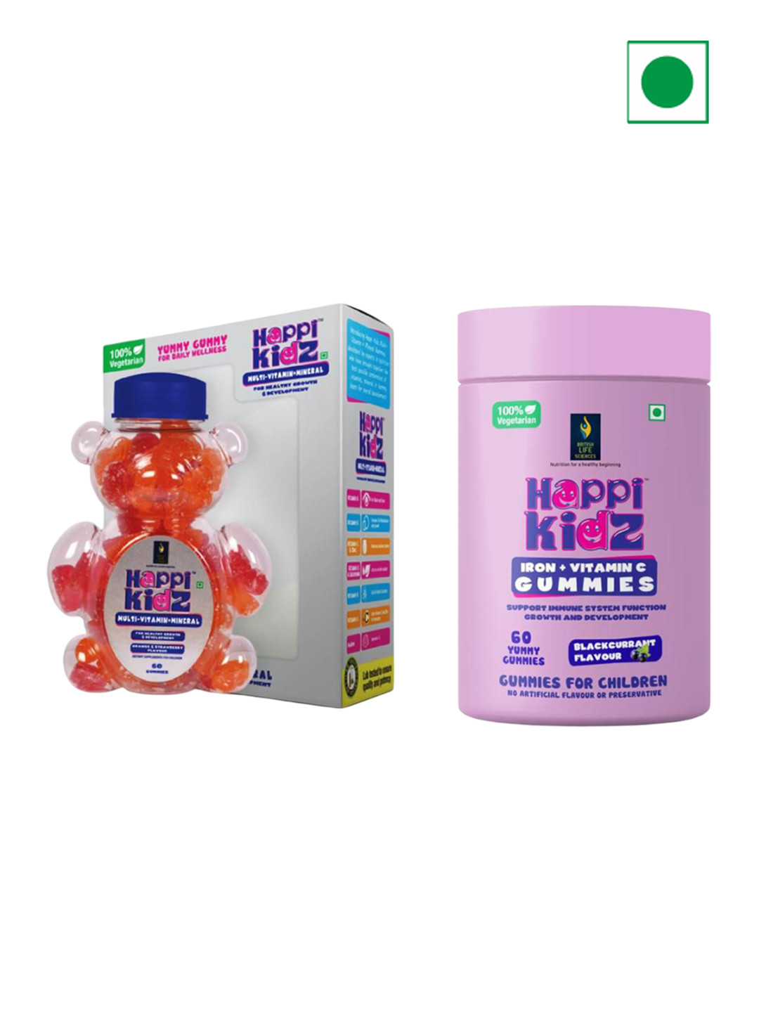 

British Life Sciences Set Of 2 Happi Kidz Multivitamin & Iron+Vitamin C Gummies - 60 Each, White