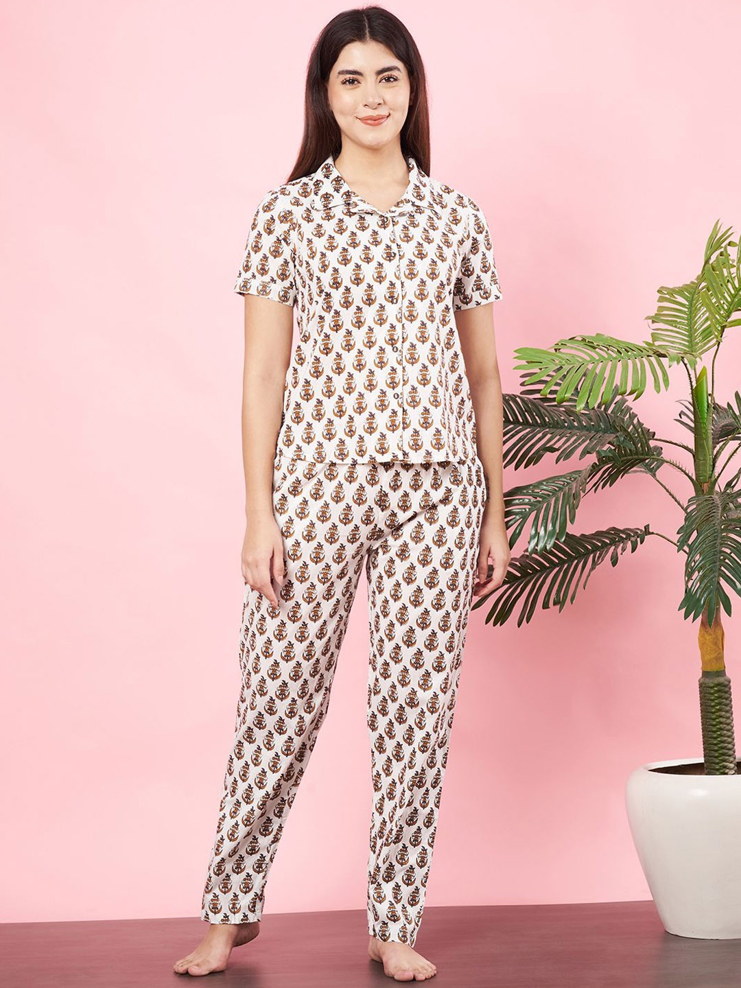

HERE&NOW Women Printed Lapel Collar Pure Cotton Night suit, White