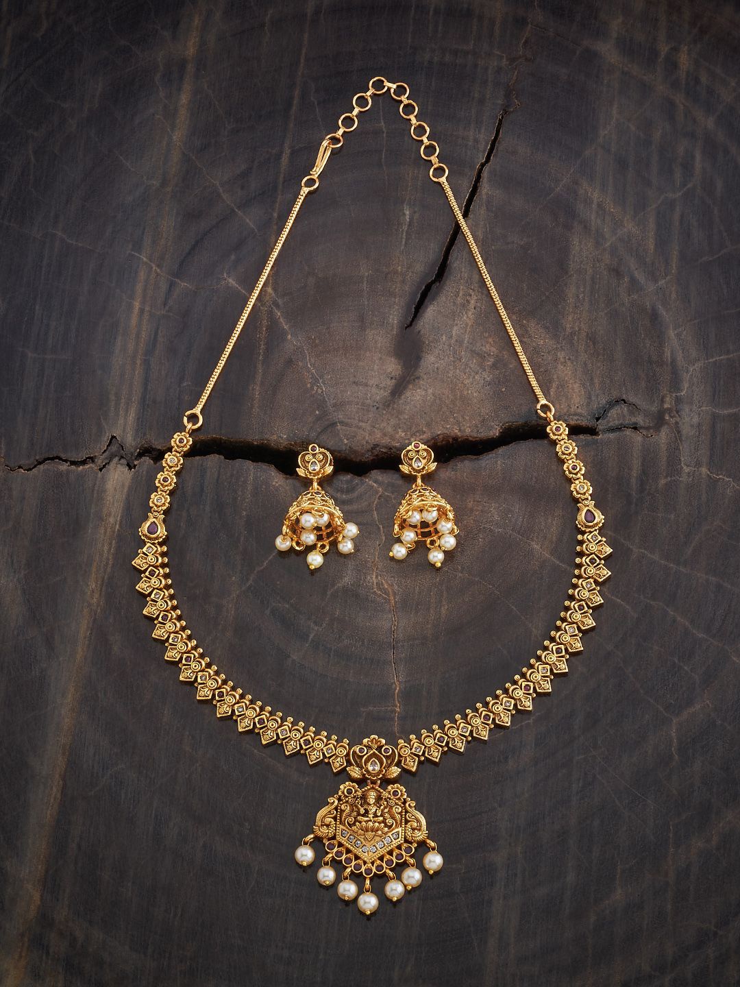 

Kushal's Fashion Jewellery Gold Plated Ruby Stone Studded & Beaded Antique Jewellery Set