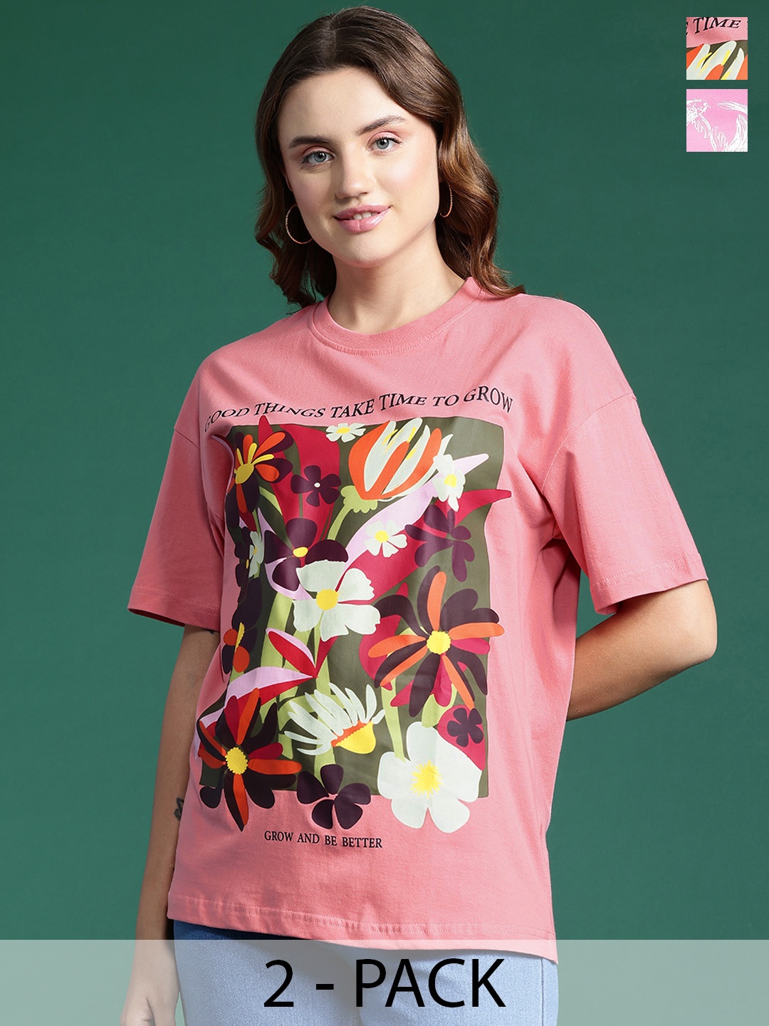 

DressBerry Pack of 2 Printed Drop-Shoulder Sleeves Cotton T-shirts, Peach