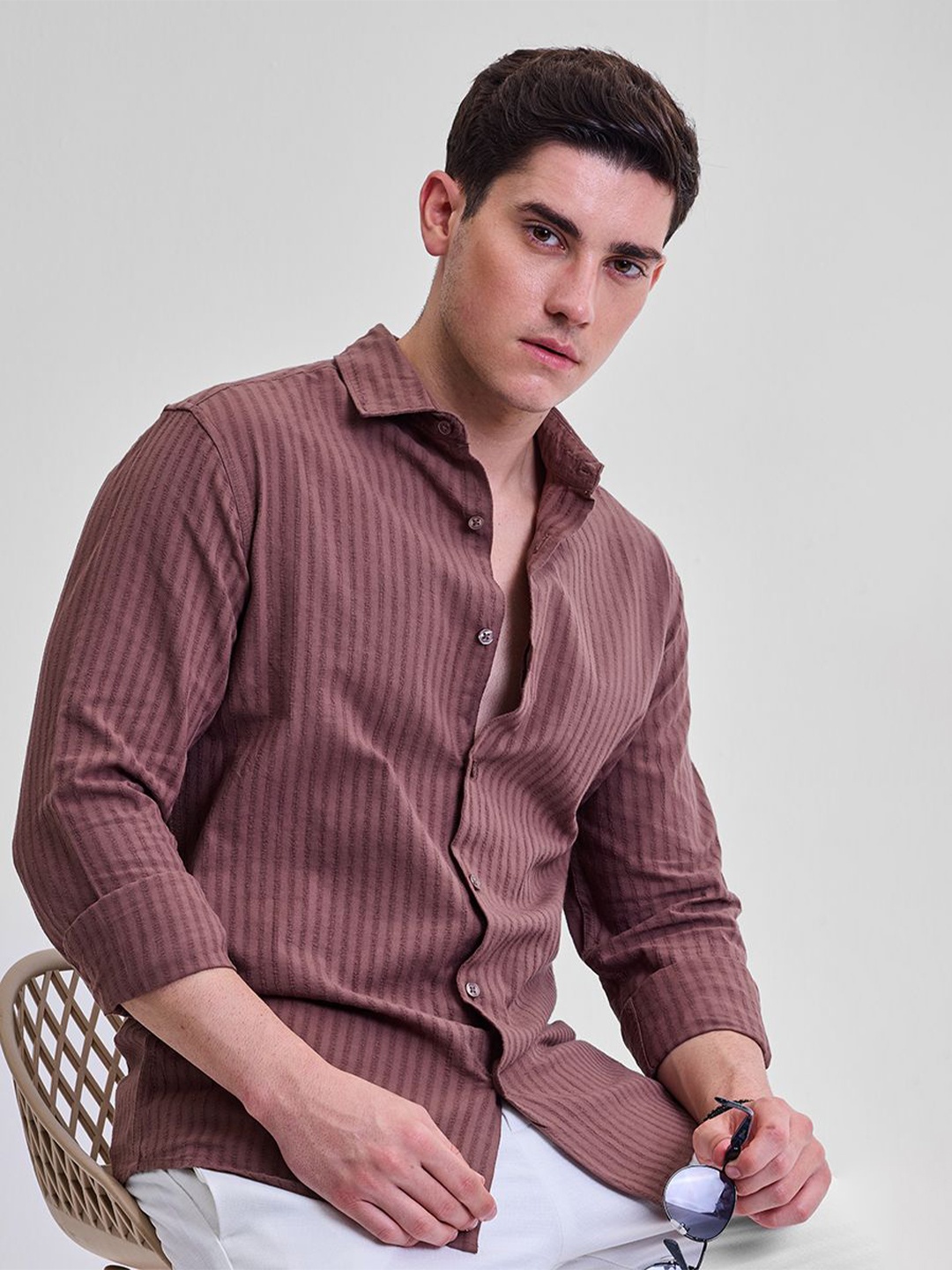 

Snitch Men Smart Slim Fit Opaque Striped Casual Shirt, Brown