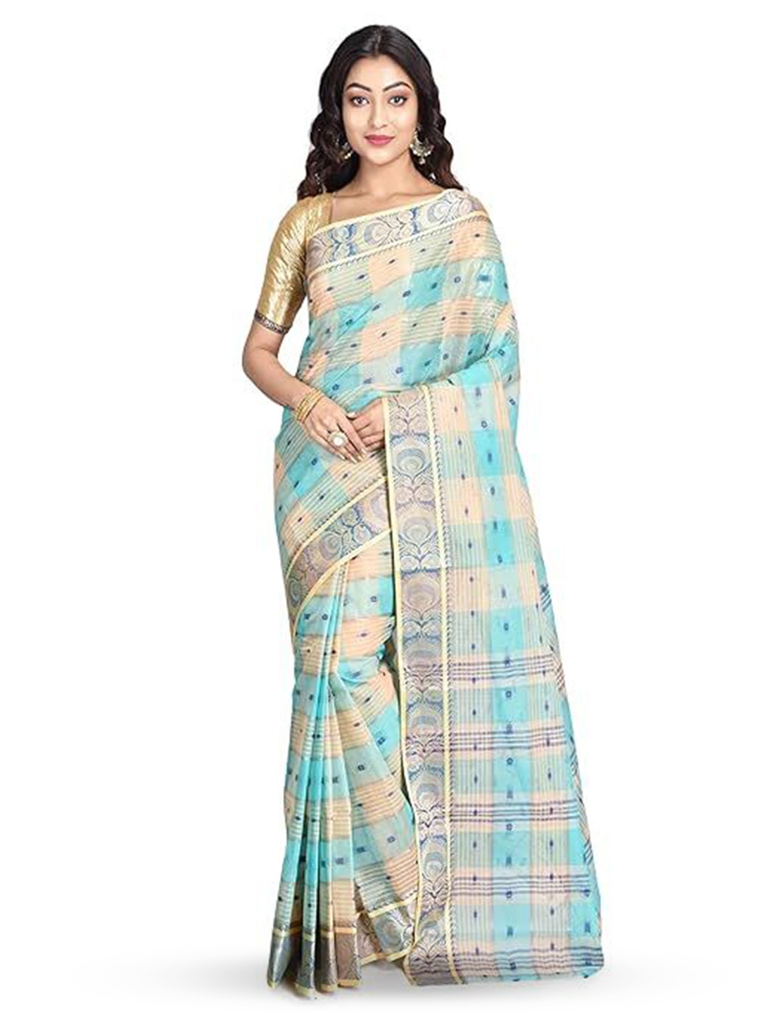 

RAJ SAREE HOUSE Woven Design Pure Cotton Taant Saree, Blue