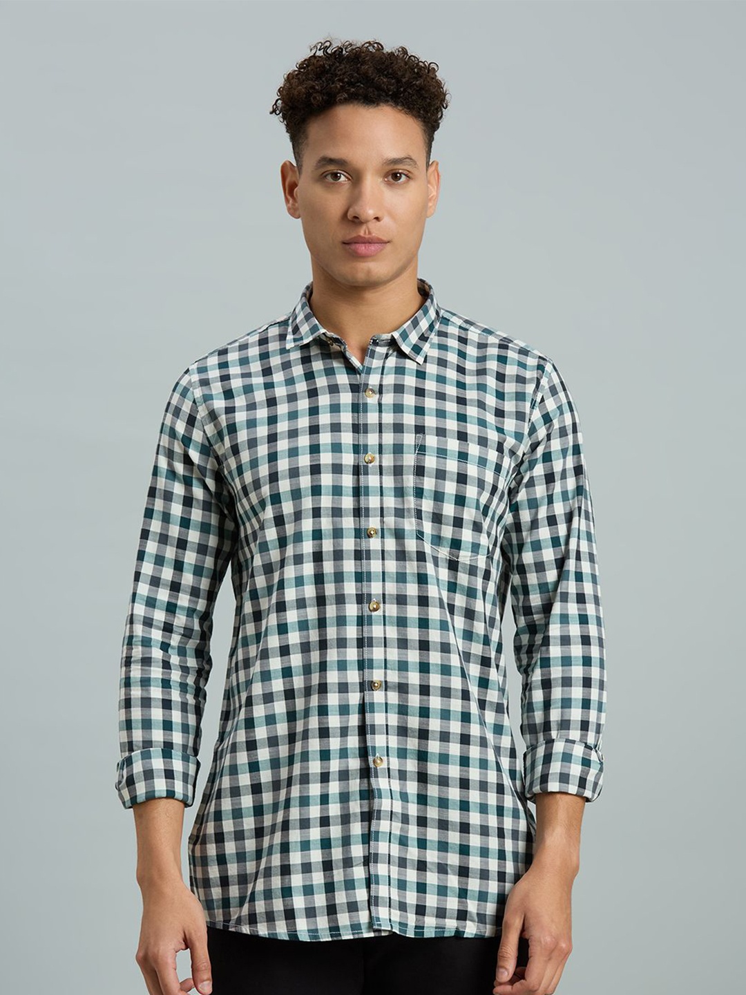 

Reid & Taylor Men Slim Fit Gingham Checks Opaque Checked Casual Shirt, White