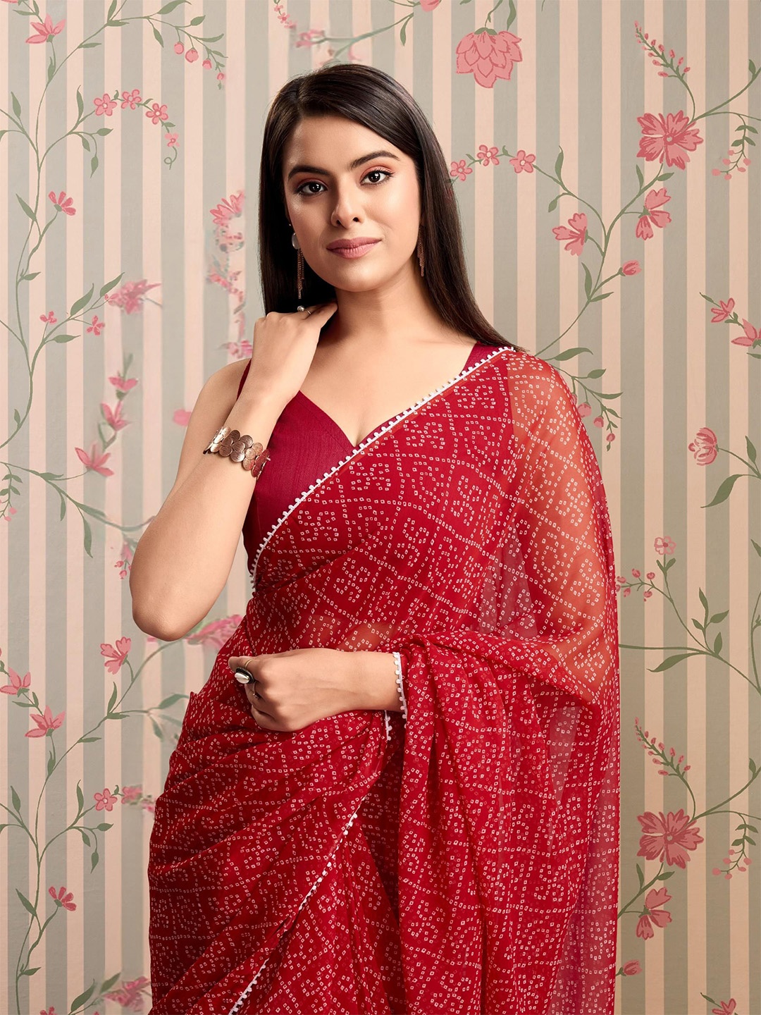 

Ode by House of Pataudi Bandhani Gotta Patti Ready to Wear Bandhani Saree, Red