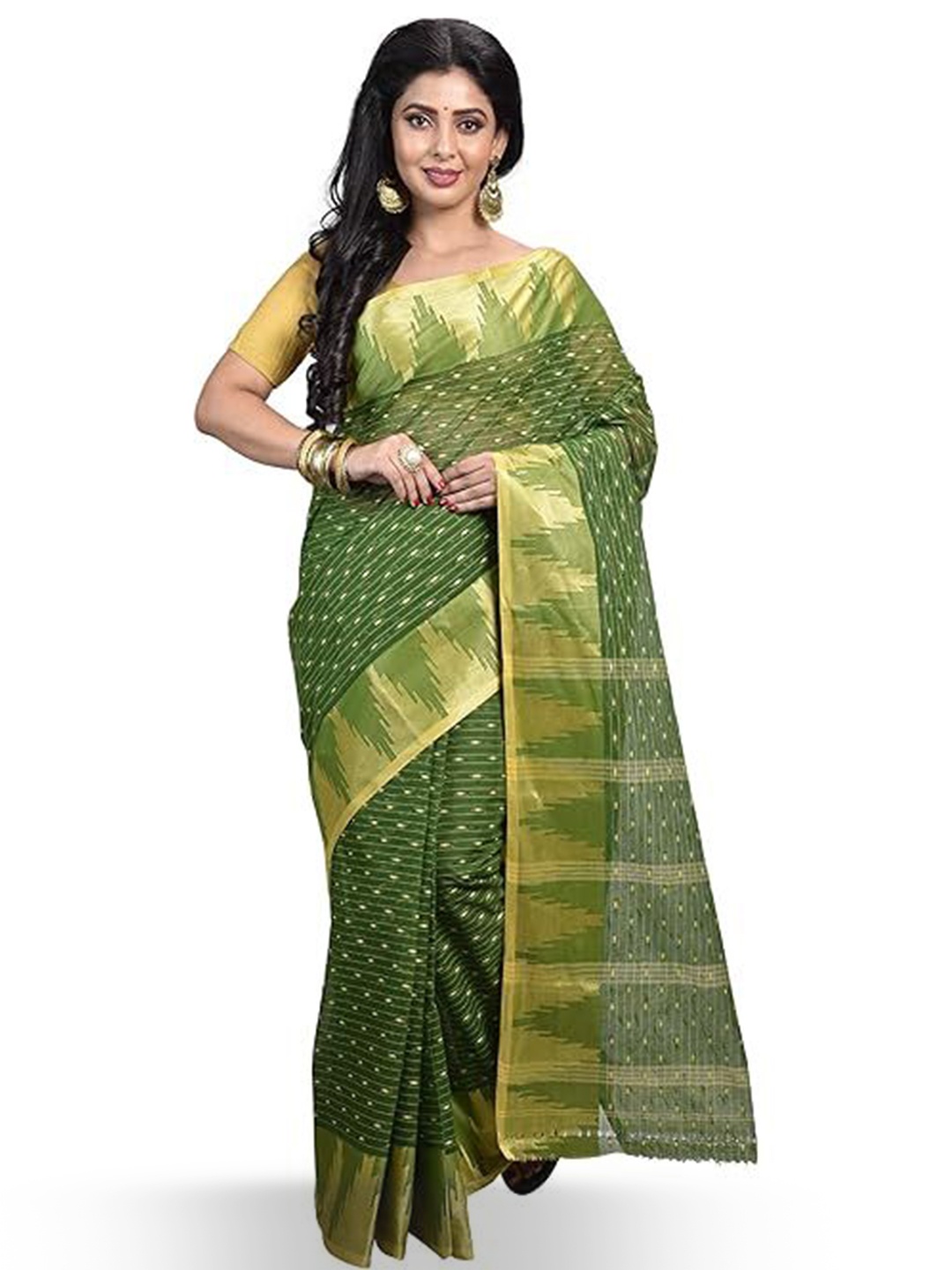 

RAJ SAREE HOUSE Woven Design Zari Pure Cotton Taant Saree, Green