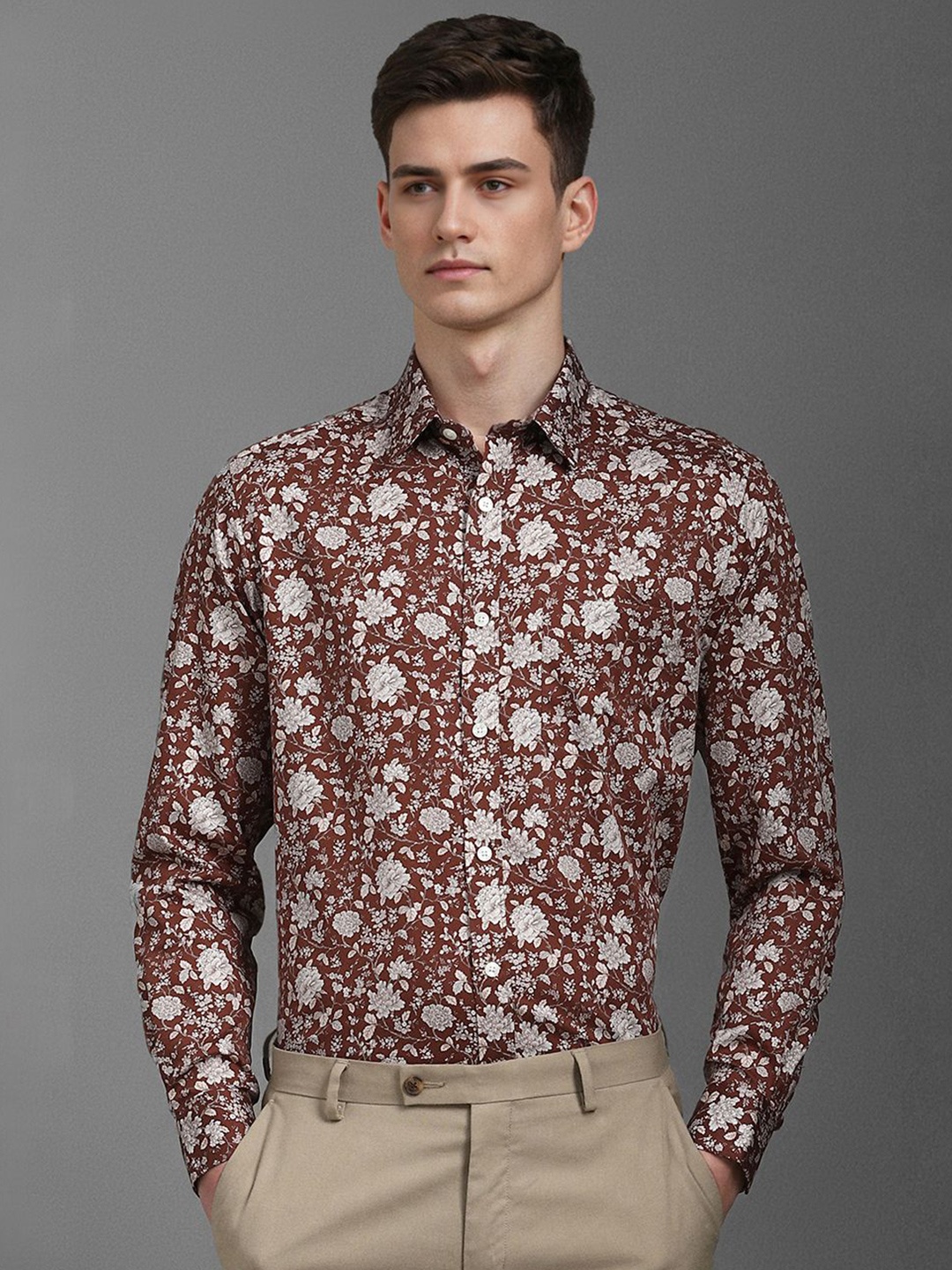 

Louis Philippe Men Classic Floral Opaque Printed Formal Shirt, Maroon