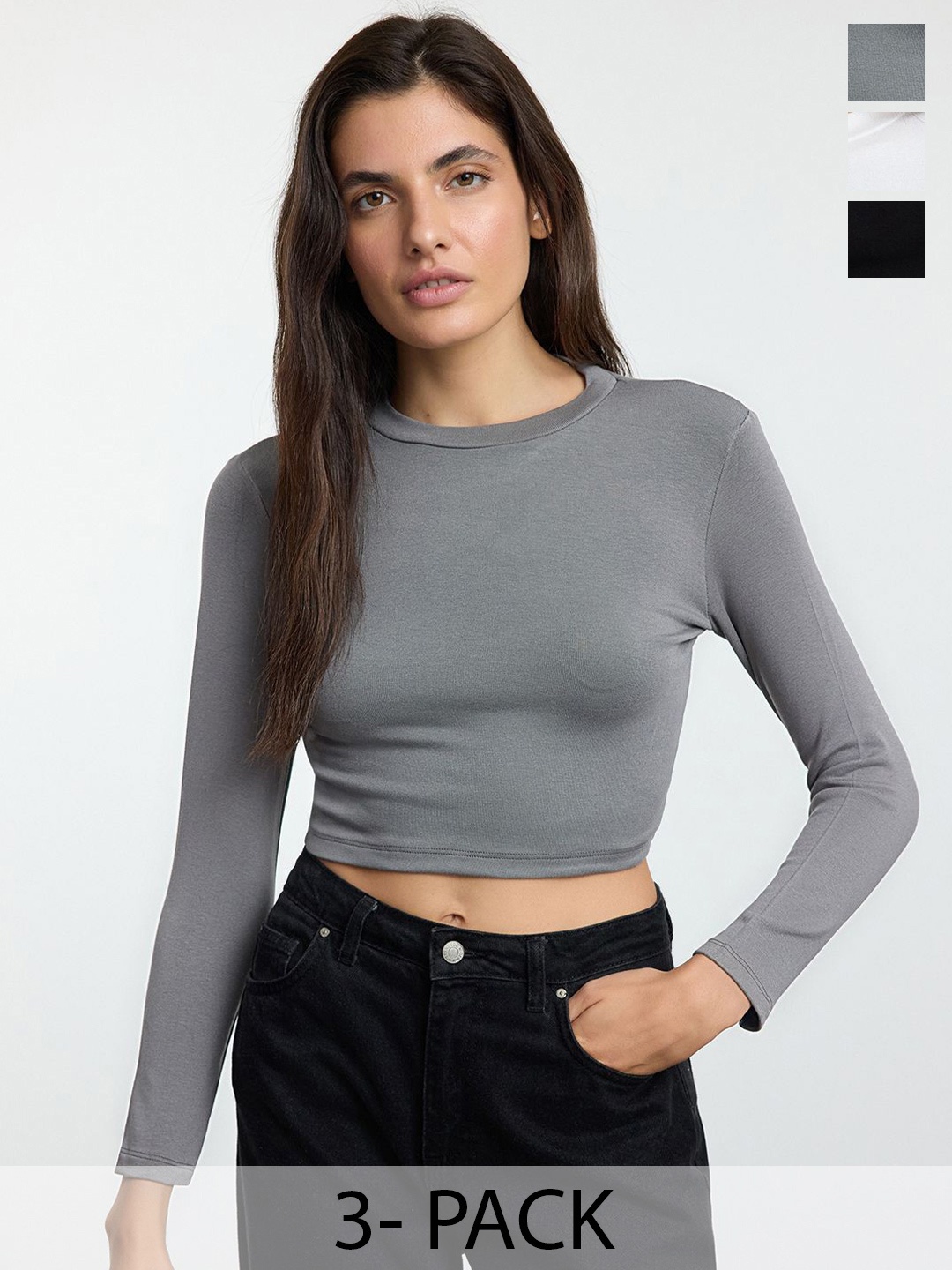 

Trendyol Women Pack Of 3 Round Neck Crop Top, Grey