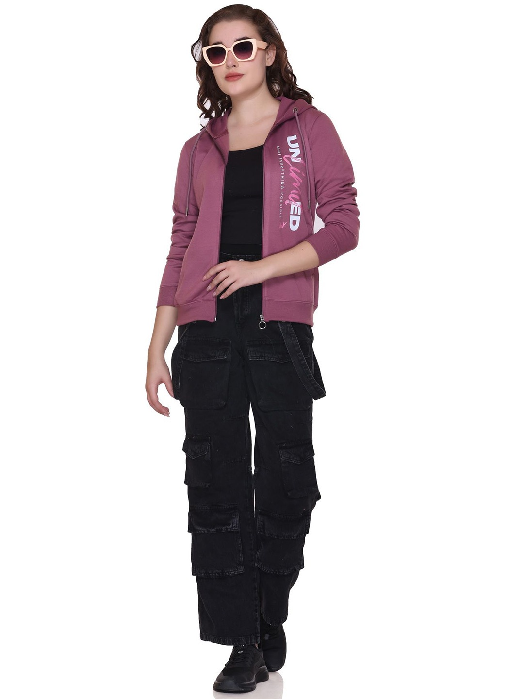 

A & Y Women Cotton Typography Printed Hooded Front-Open Sweatshirt, Pink