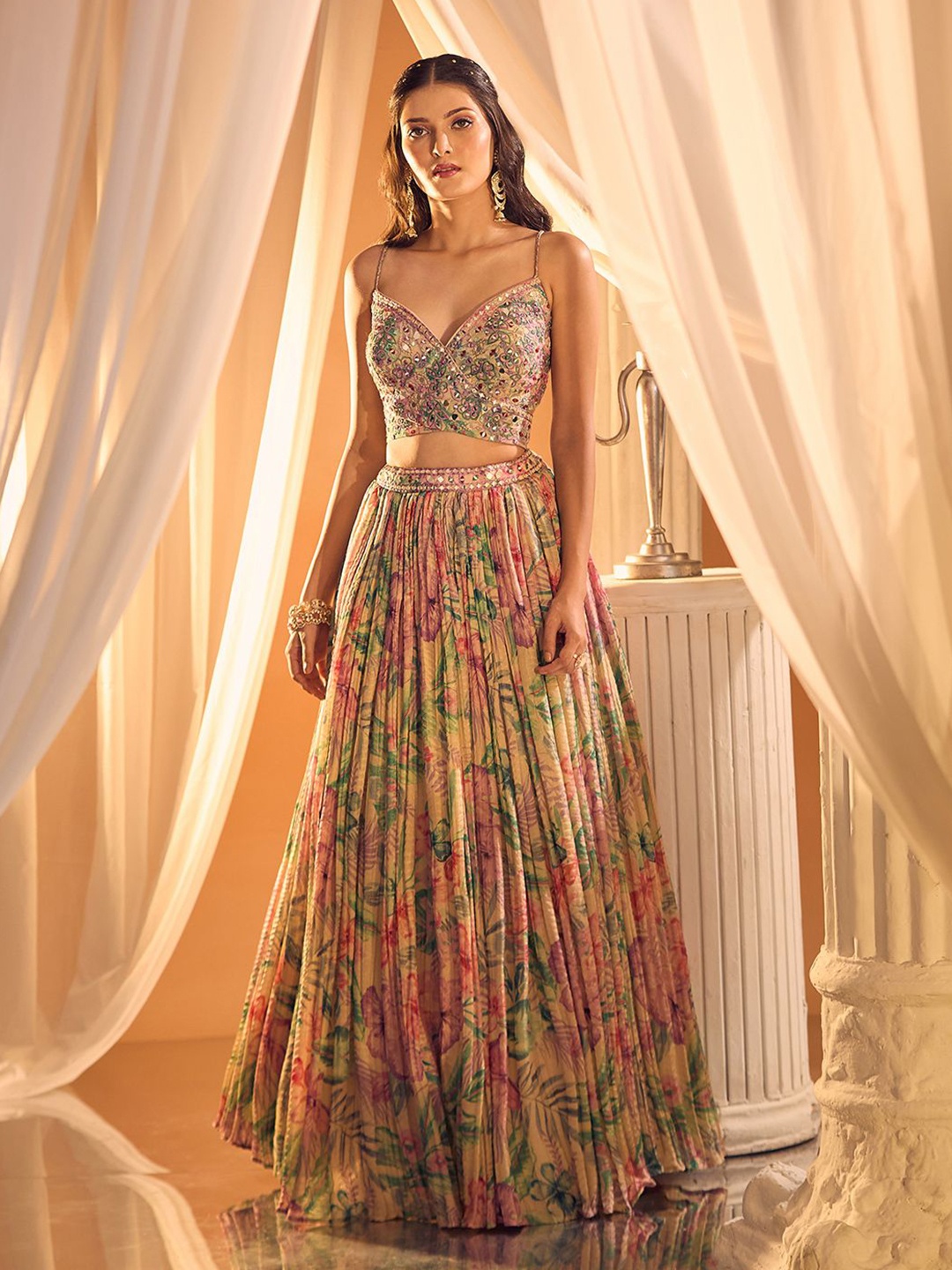 

Alaya Advani Embroidered Mirror Work Ready to Wear Lehenga &, Beige